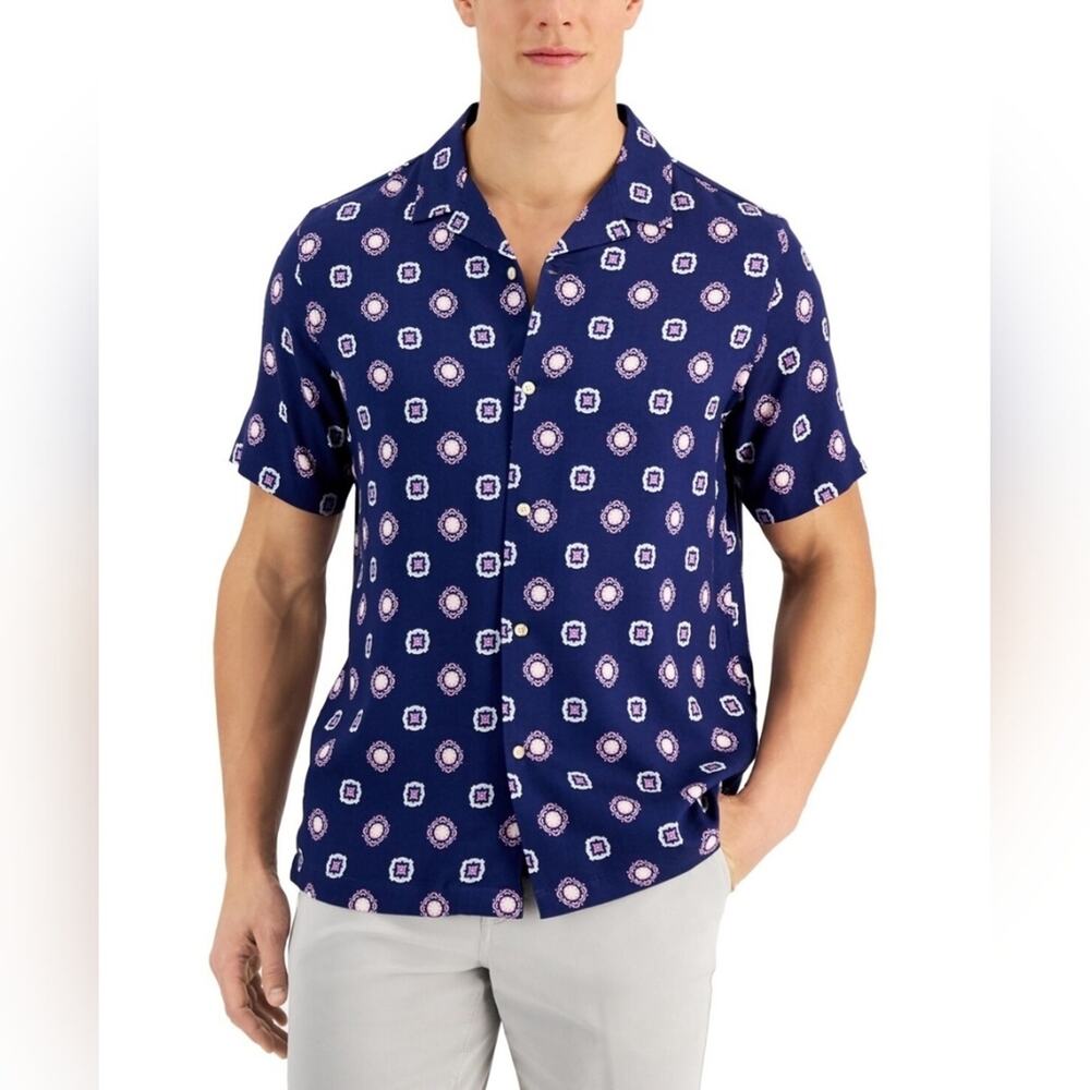 Club Room 62% Silk Men's Navy Blue geomeyric Print  Patterned Shirt Size XL